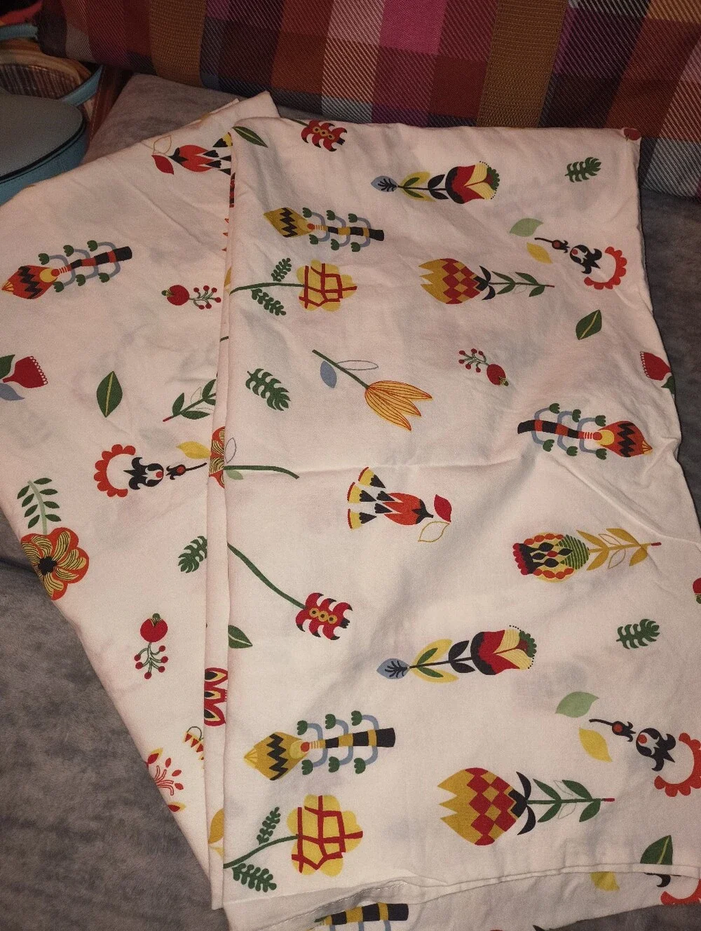 Vintage Queen Size Pillow Cases White Floral Folk Print Fabric